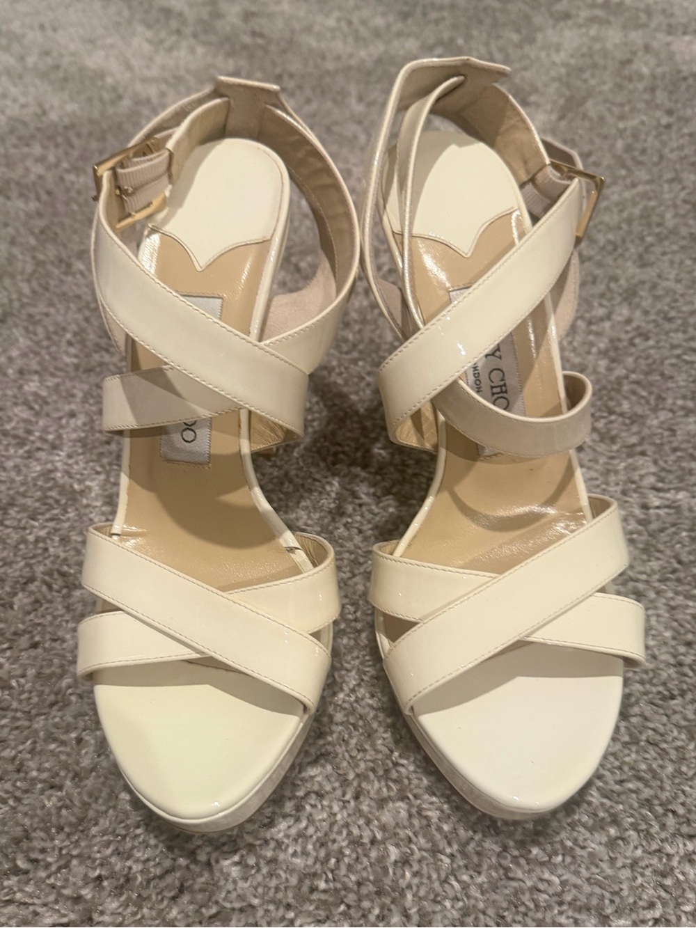 Jimmy Choo Ivory Patent Leather Crisscross Heels
